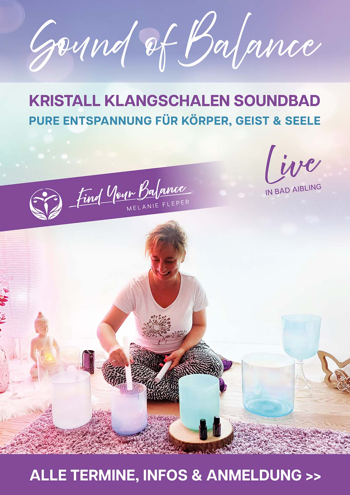 An ausgewählten Terminen spielt Melanie Fleper ihre Kristall Klangschalen live in der Soundbad Lounge Bad Aibling.